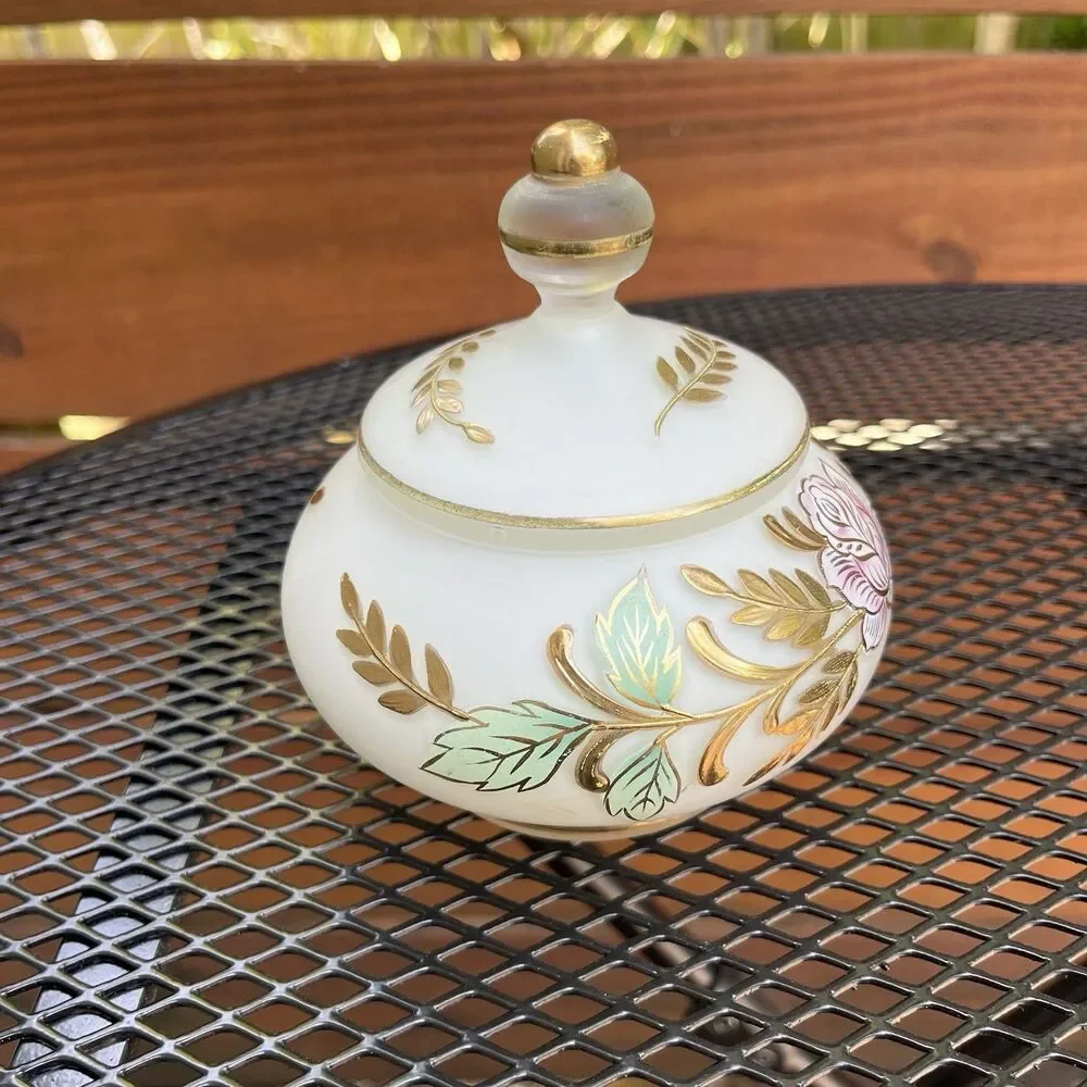 Vintage French Country Rose Jewelry Covered Trinket Dish Frosted Glass Goldleaf